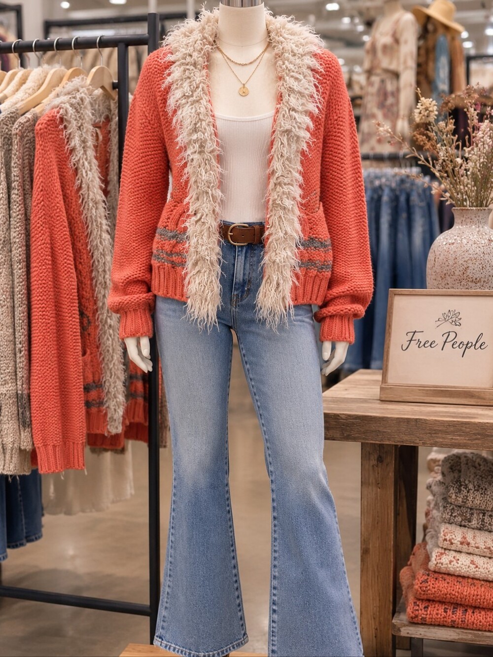 Free People Coral Knit Cardigan with Cream Faux-Fur Trim